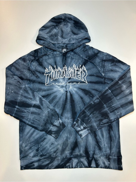 Thrasher Other - Thrasher Magazine Flame Outline Logo Tie Dye Pullover Hoodie Black Grey Skater